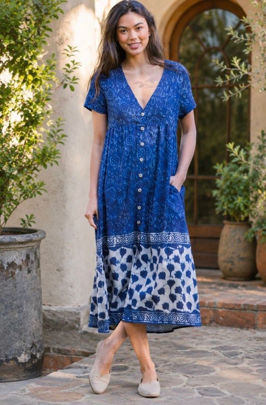 Natural Life Avery Soft Midi-Maxi Shirt Dress Blue Boho Print Rayon Size L